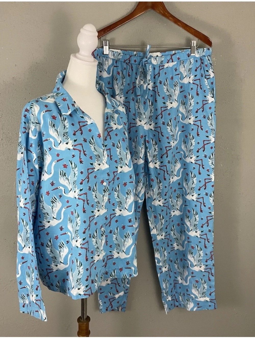 Print Fresh Pajama Set XL Womens Blue Cranes Birds Top and Pants Organic Cotton
